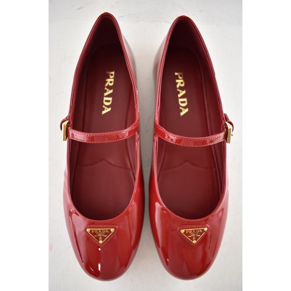Prada Cherry Red Patent Gold Triangle Logo Mary Jane Ballerina Ballet Flat 38.5 - Picture 12 of 16